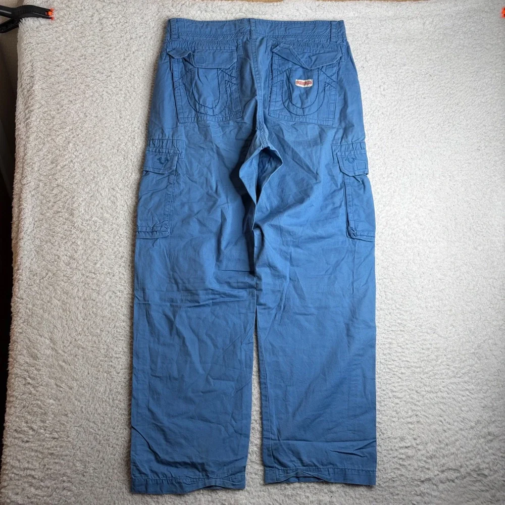 True Religion Blue Cargo Pants Mens 34 baggy loose Horseshoe Stitch Made in USA